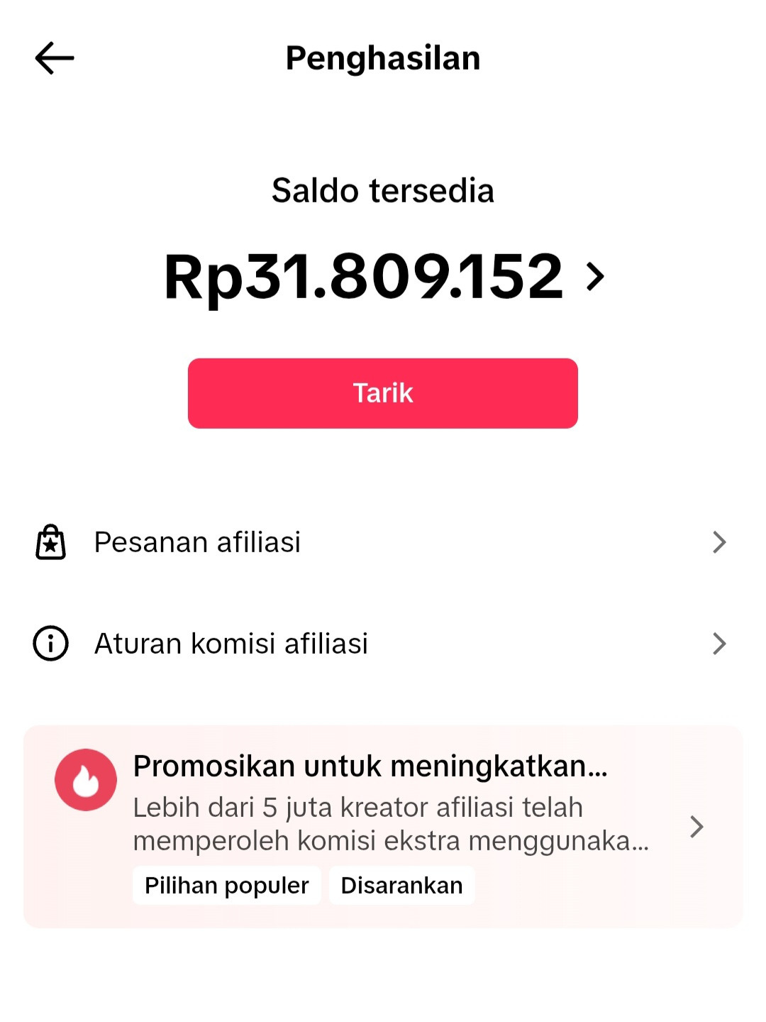 Bukti komisi TikTok Affiliate — saldo Rp31,8 juta siap ditarik